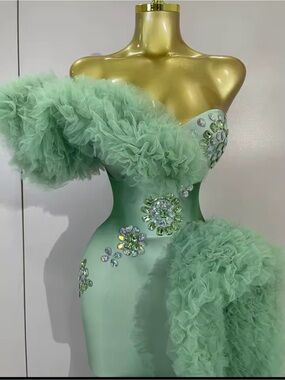 Mint Green One-Shoulder Ruffle Evening Dress
